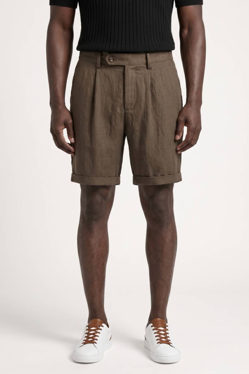 Shorts Men - High Waist Pleated Detail with Turn Up Hem | Smart — Brown