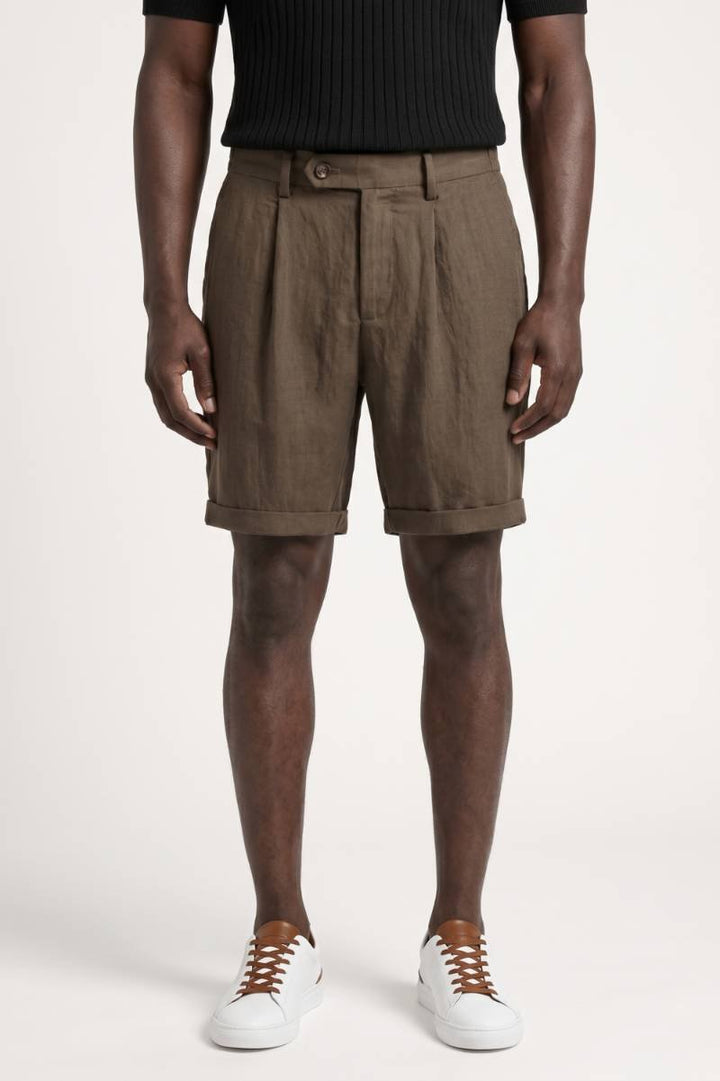 Shorts Men - High Waist Pleated Detail with Turn Up Hem | Smart — Brown