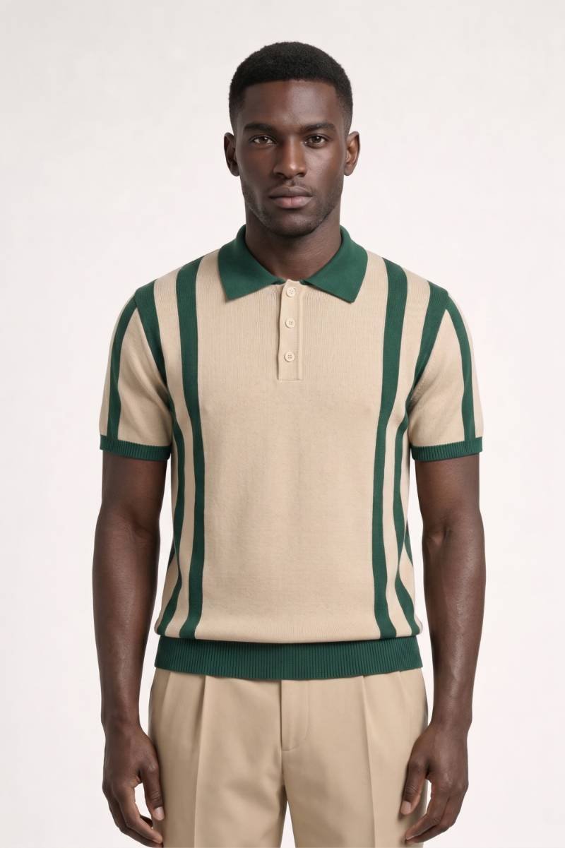 Striped Polo Men - Retro Knit with Ribbed Collar | Vintage — Striped Green