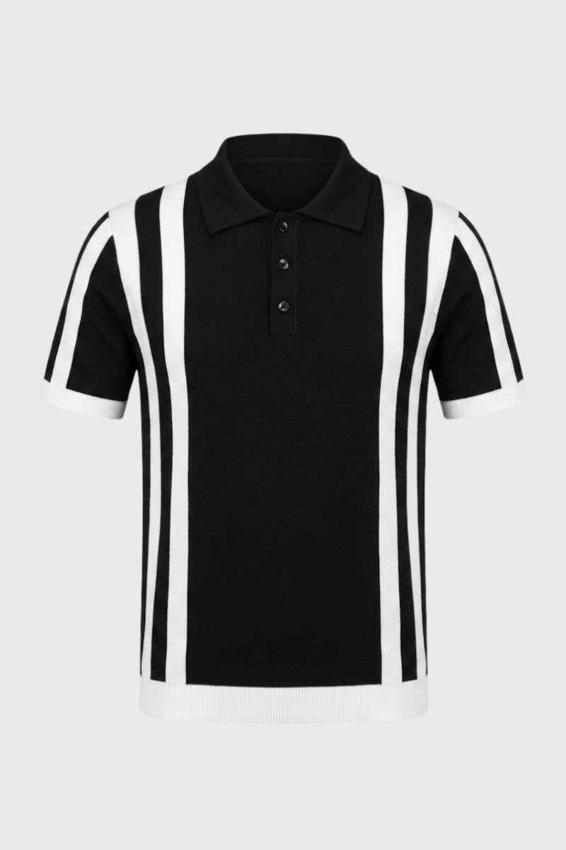 Striped Polo Men - Retro Knit with Ribbed Collar | Vintage — Striped Black