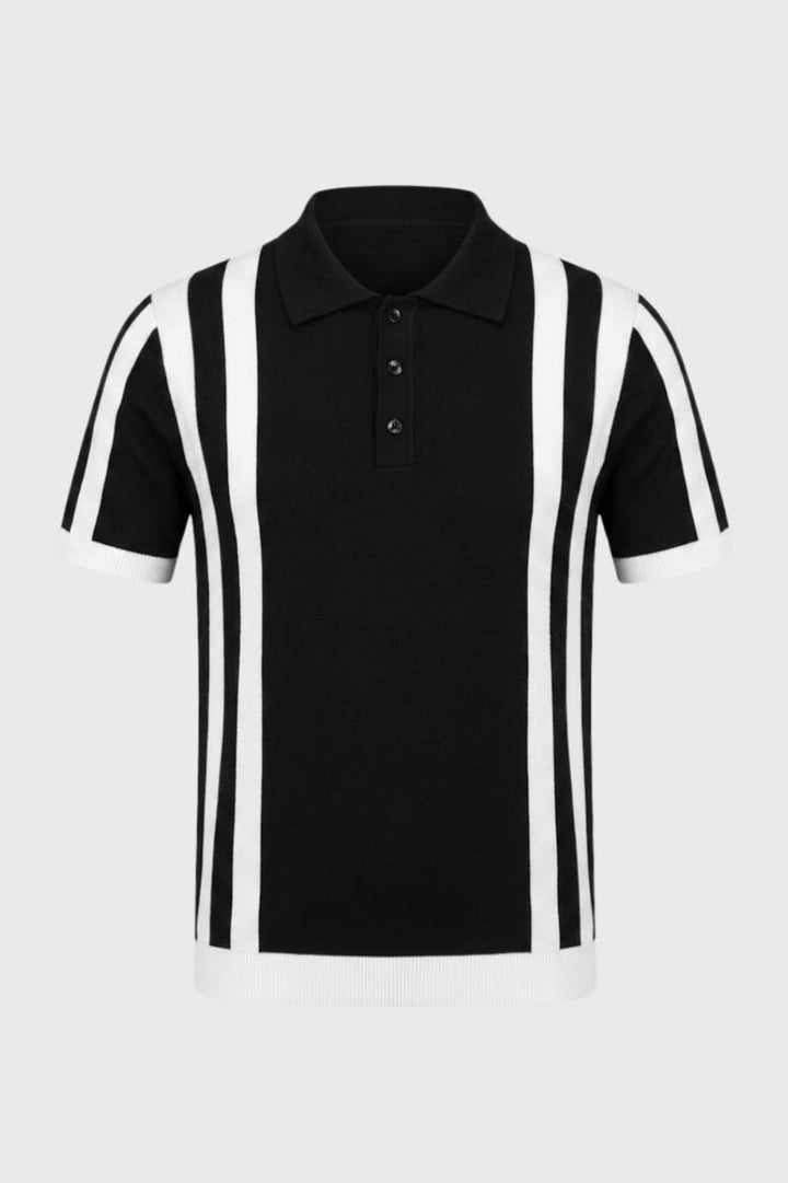 Striped Polo Men - Retro Knit with Ribbed Collar | Vintage — Striped Black