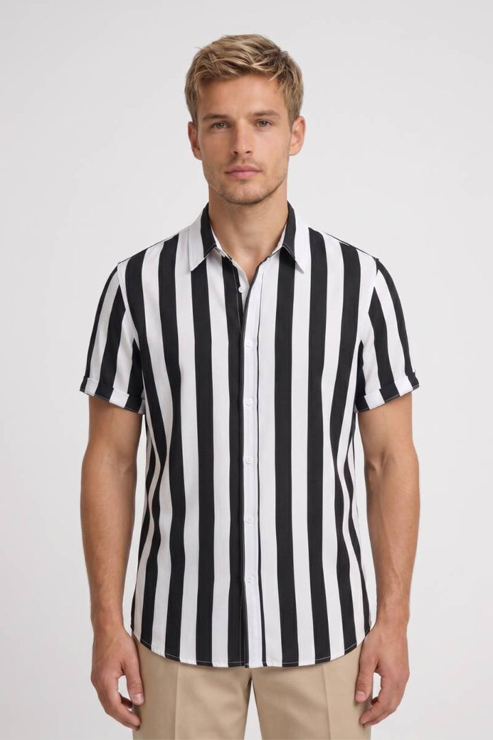 Striped Shirt Men - Classic Collar Short Sleeve | Smart Casual — Striped Black