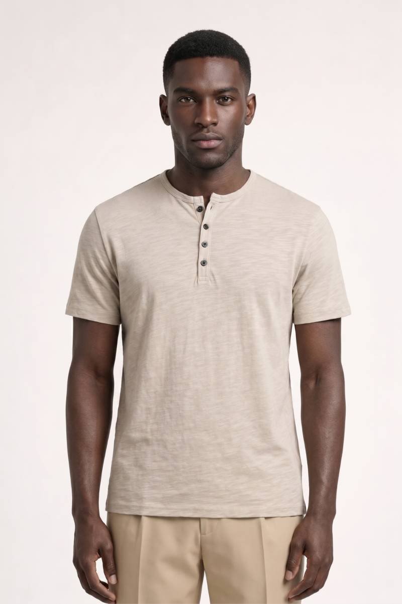 T-shirt Men - Button Up Henley Neckline | Classic Casual — Beige