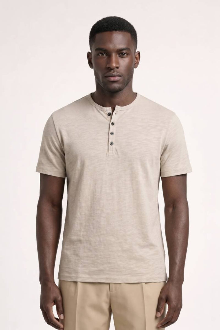 T-shirt Men - Button Up Henley Neckline | Classic Casual — Beige