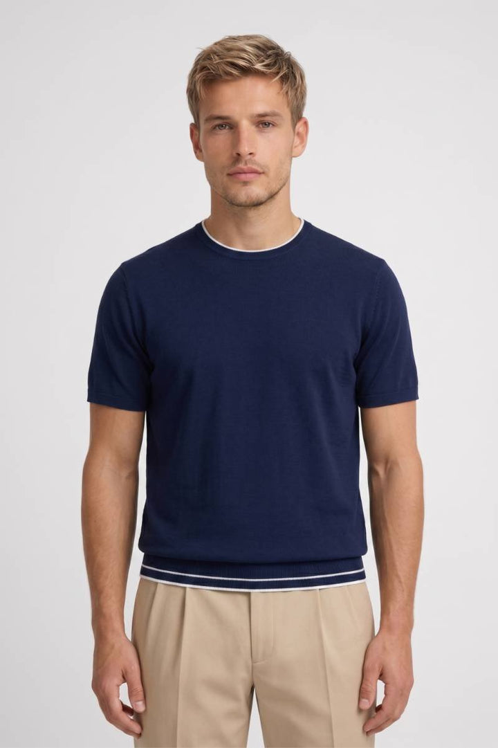 T-Shirt Men - Contrast Trim Round Neck Short Sleeve | Classic — Navy