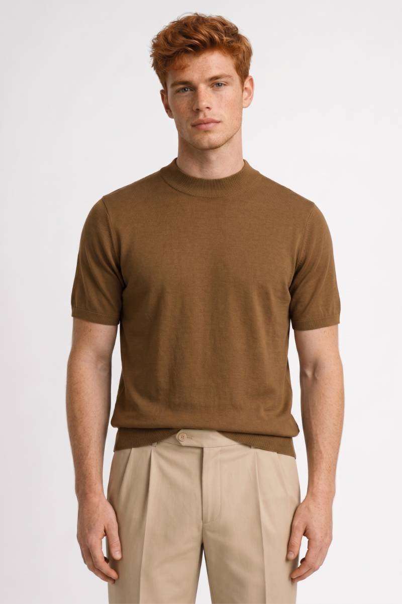 T-Shirt Men - Mock Neck Short Sleeve | Relaxed — Camel