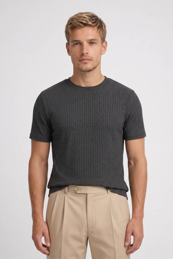 T-shirt Men - Ribbed Short Sleeve Round Neck | Contemporary — Charcoal