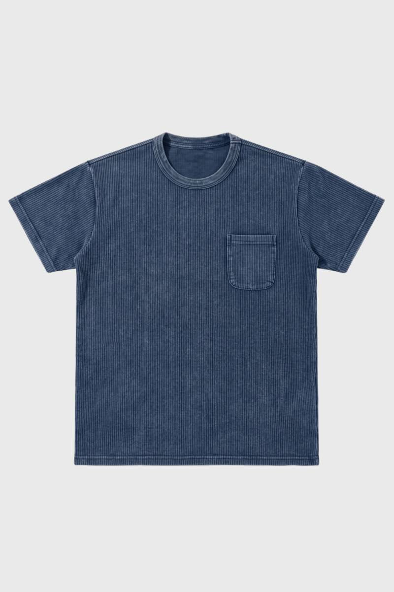 T-Shirt Men - Vintage Wash with Chest Pocket | Relaxed Casual — Striped Blue