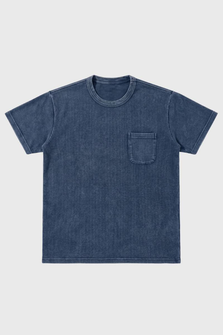 T-Shirt Men - Vintage Wash with Chest Pocket | Relaxed Casual — Striped Blue
