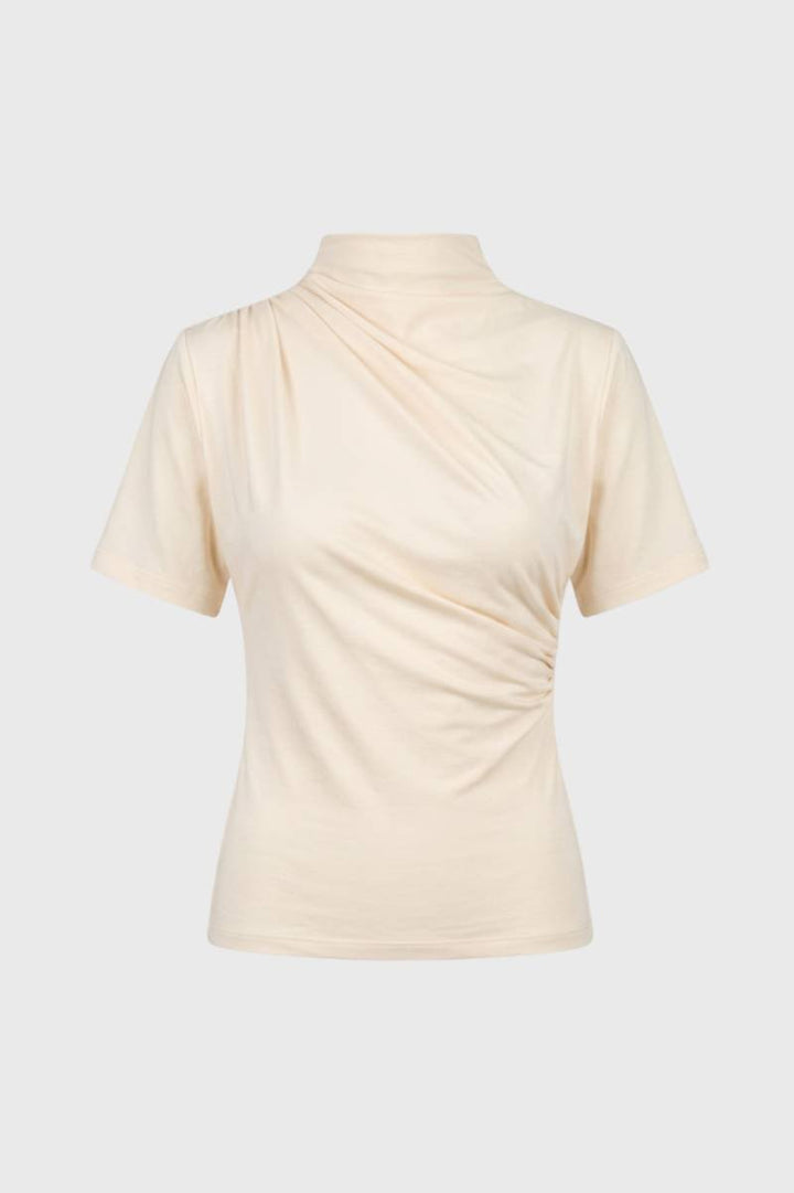 T-Shirt Women - Mock Neck Drape Front | Elegant — Cream