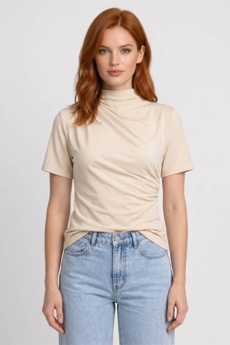 T-Shirt Women - Mock Neck Drape Front | Elegant — Cream