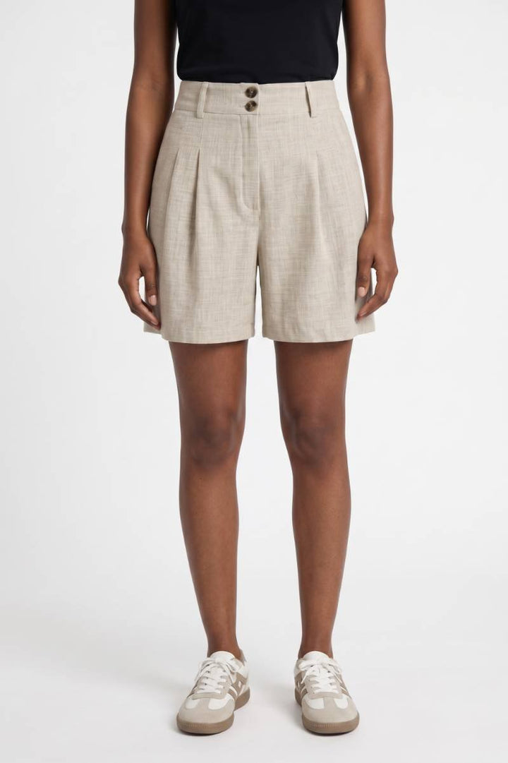 Tailored Shorts Women - High Waist Pleat Front with Button Detail | Chic — Beige