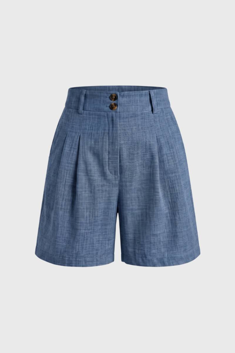 Tailored Shorts Women - High Waist Pleat Front with Button Detail | Chic — Blue