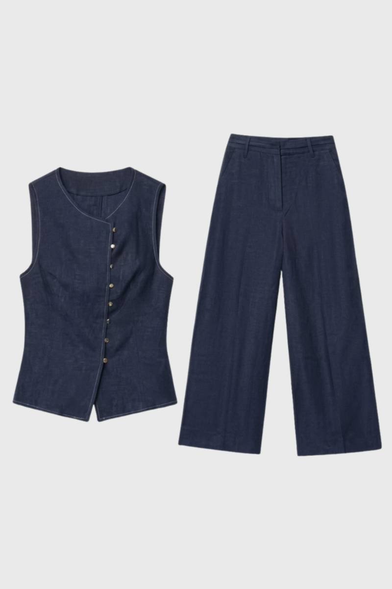 Two Piece Set Women - Button Front Waistcoat Wide Leg | Elegant — Navy