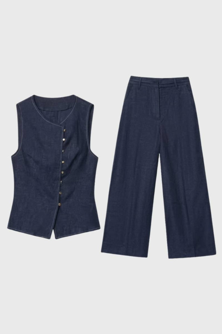 Two Piece Set Women - Button Front Waistcoat Wide Leg | Elegant — Navy