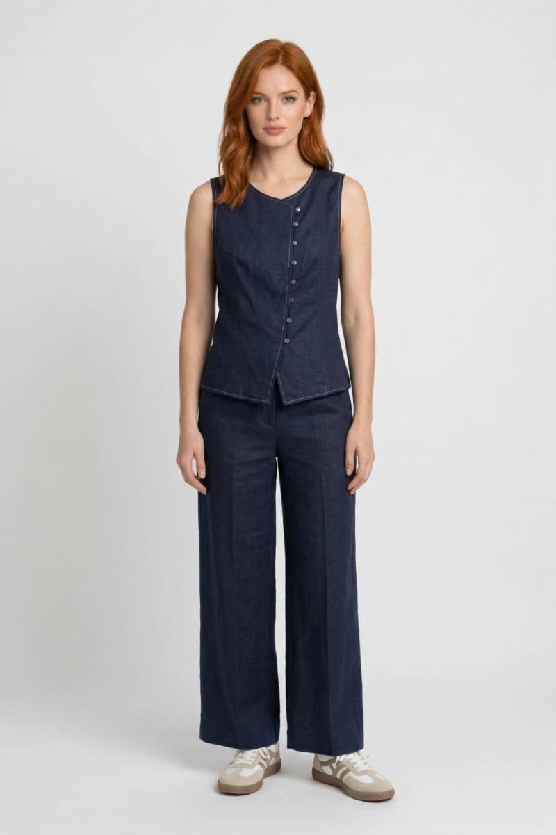 Two Piece Set Women - Button Front Waistcoat Wide Leg | Elegant — Navy