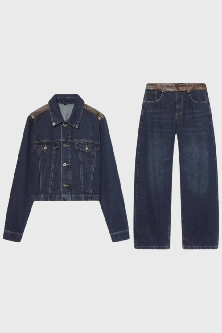 Two Piece Set Women - Cropped Jacket & Wide Leg Jeans | Casual — Navy