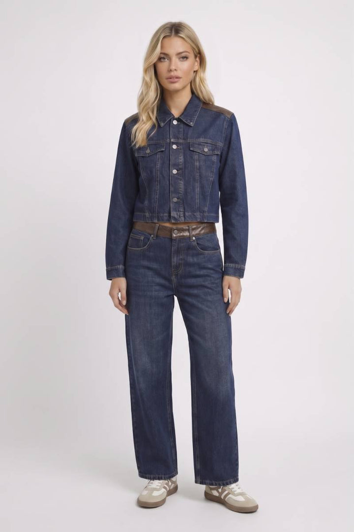 Two Piece Set Women - Cropped Jacket & Wide Leg Jeans | Casual — Navy