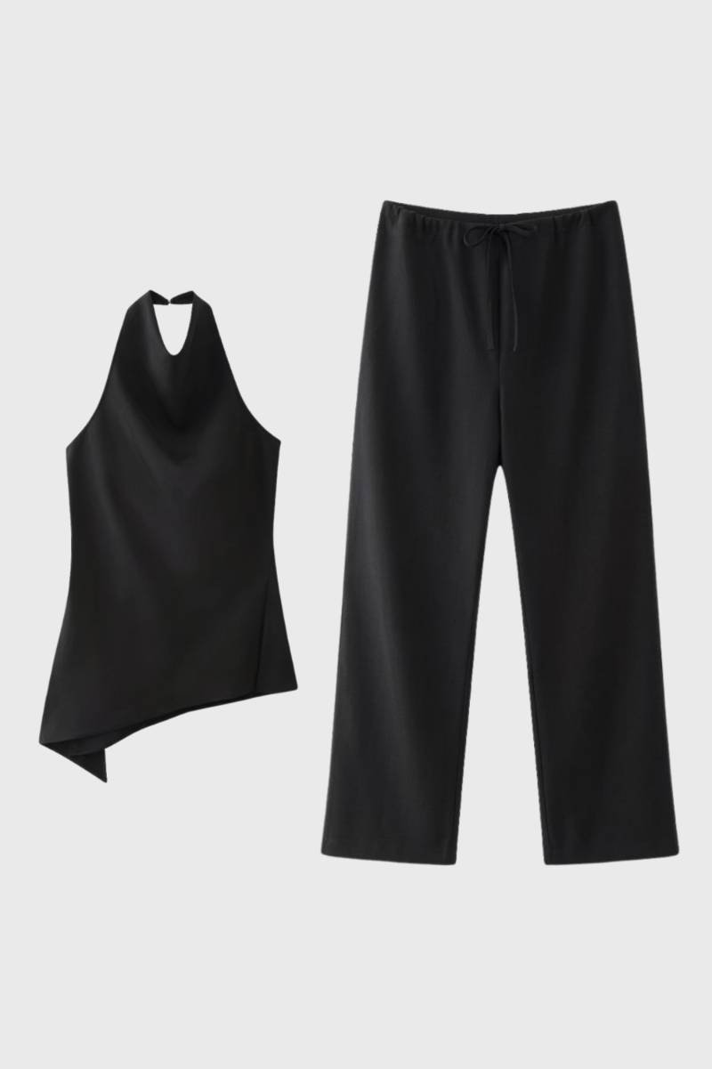 Two Piece Set Women - Halter Top & Wide Leg Trousers | Chic — Black