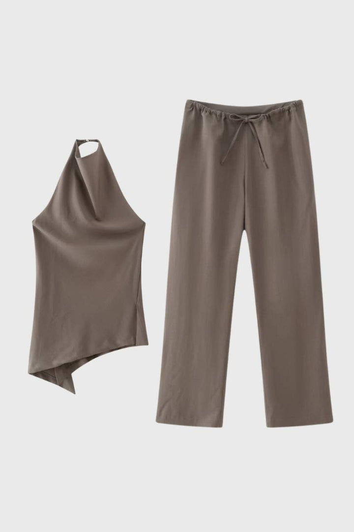 Two Piece Set Women - Halter Top & Wide Leg Trousers | Chic — Taupe