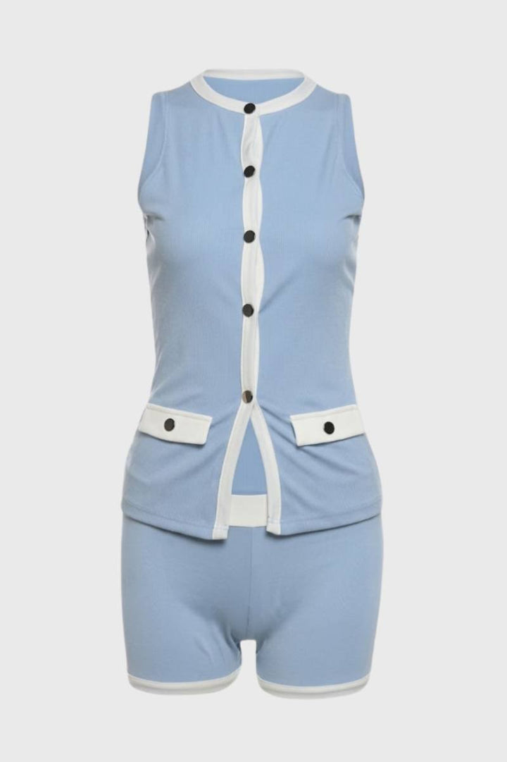 Two Piece Set Women - Sleeveless Button Front | Contrast Trim — Light Blue
