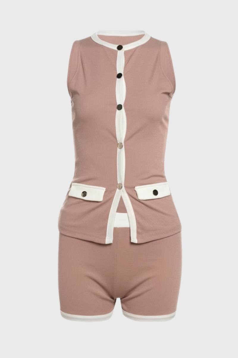 Two Piece Set Women - Sleeveless Button Front | Contrast Trim — Dusty Rose
