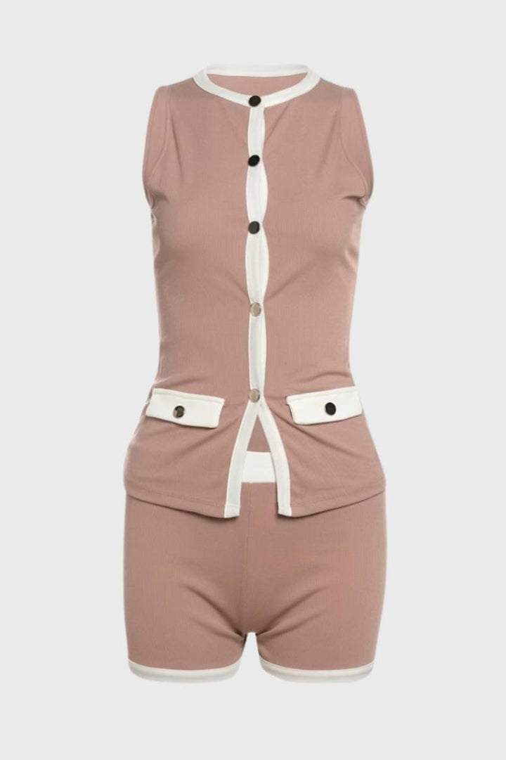 Two Piece Set Women - Sleeveless Button Front | Contrast Trim — Dusty Rose