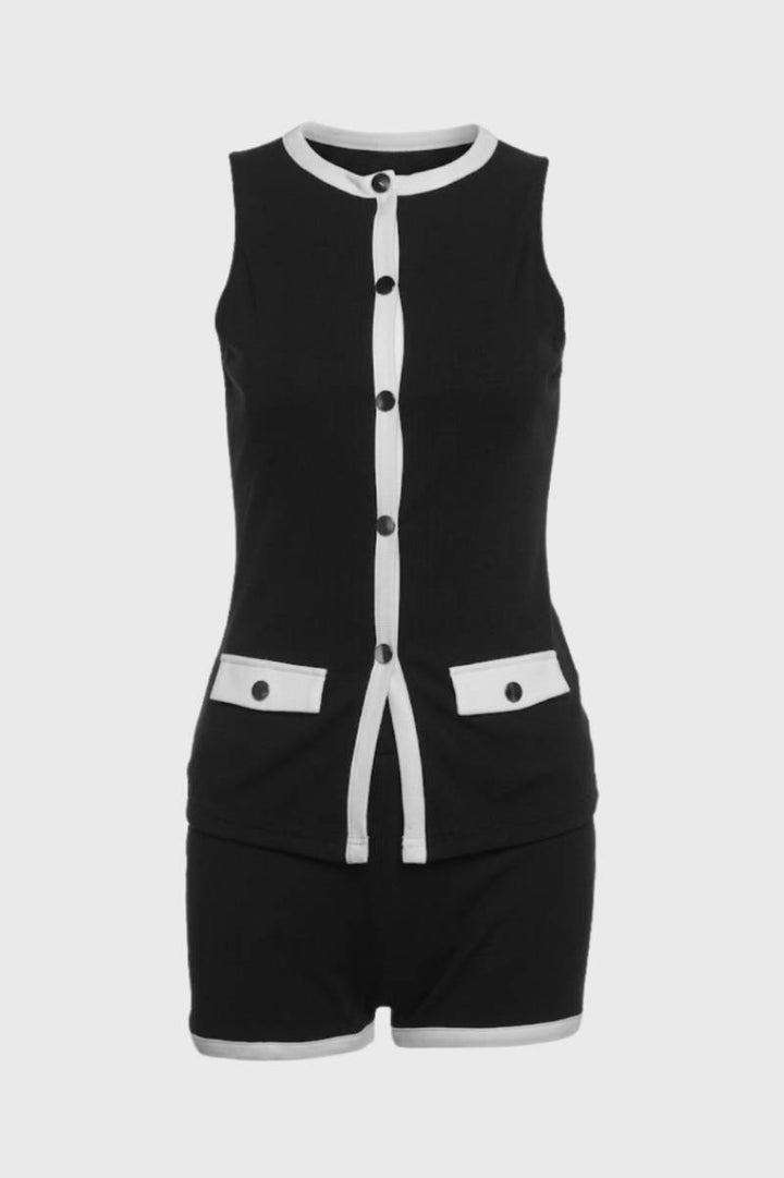 Two Piece Set Women - Sleeveless Button Front | Contrast Trim — Black