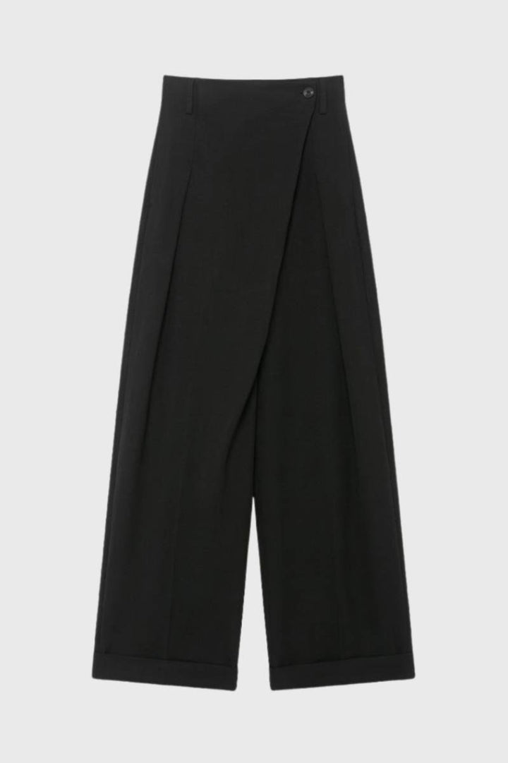 Wide Leg Trousers Women - High Waist Button Detail | Elegant — Black