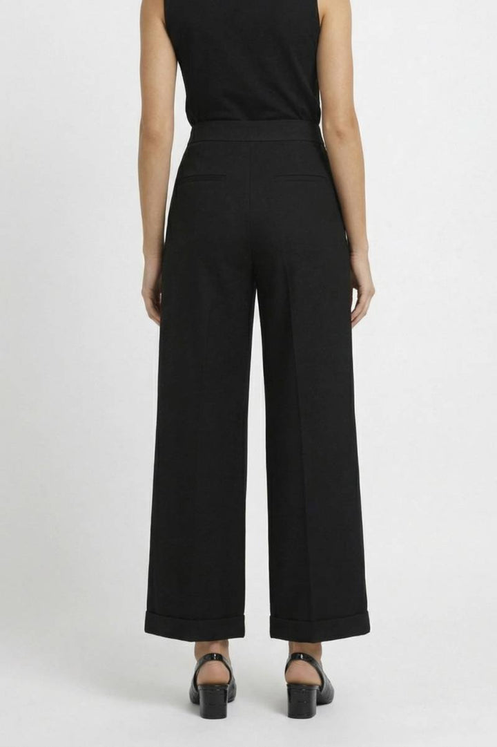 Wide Leg Trousers Women - High Waist Button Detail | Elegant — Black