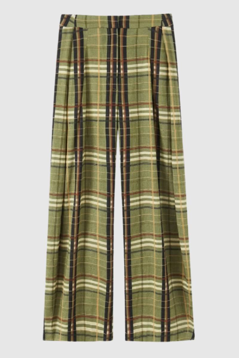 Wide Leg Trousers Women - Plaid High Waist | Relaxed Casual — Plaid Olive