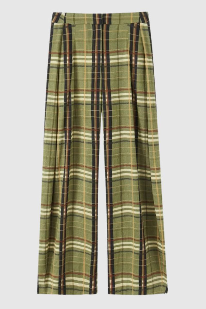 Wide Leg Trousers Women - Plaid High Waist | Relaxed Casual — Plaid Olive
