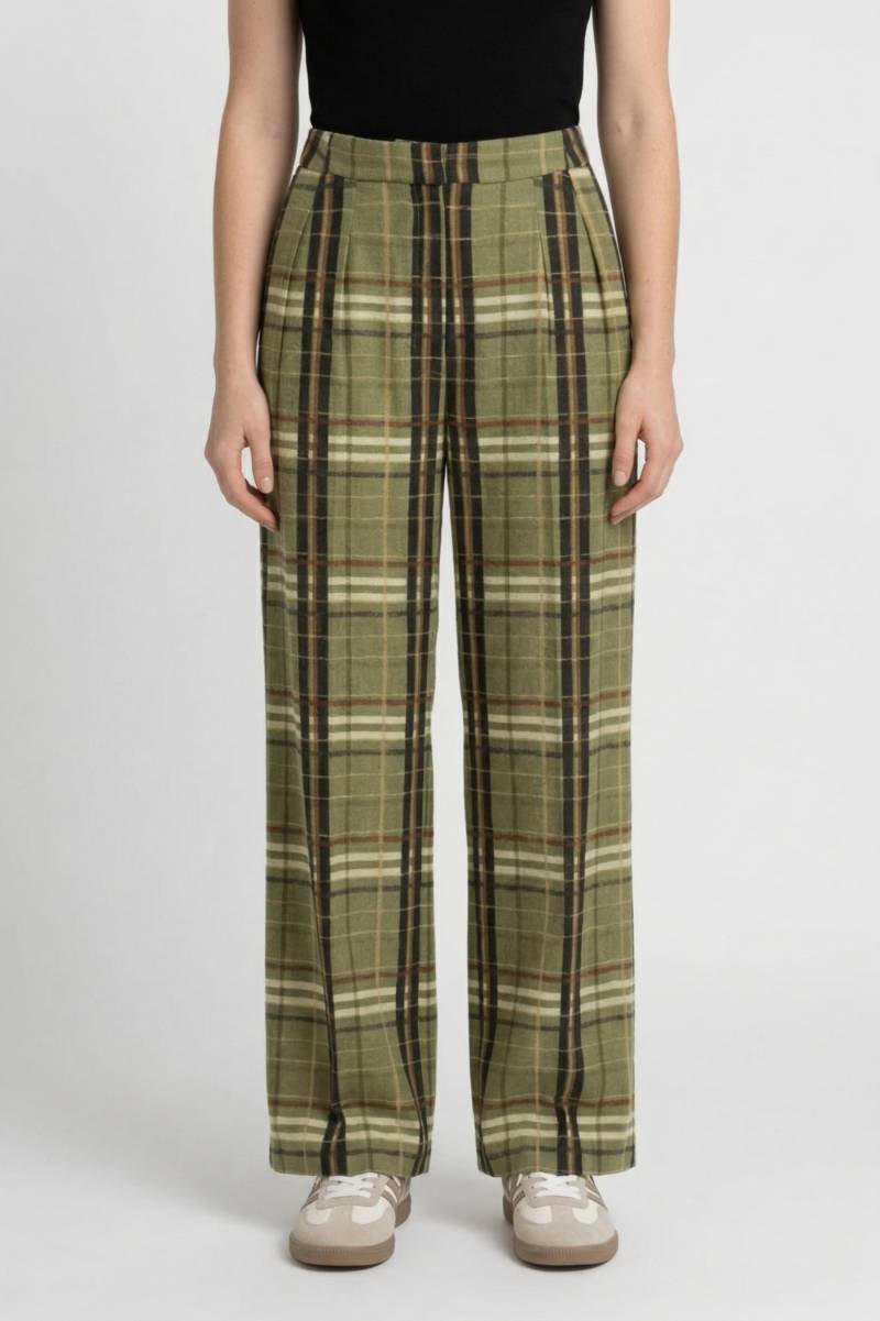 Wide Leg Trousers Women - Plaid High Waist | Relaxed Casual — Plaid Olive