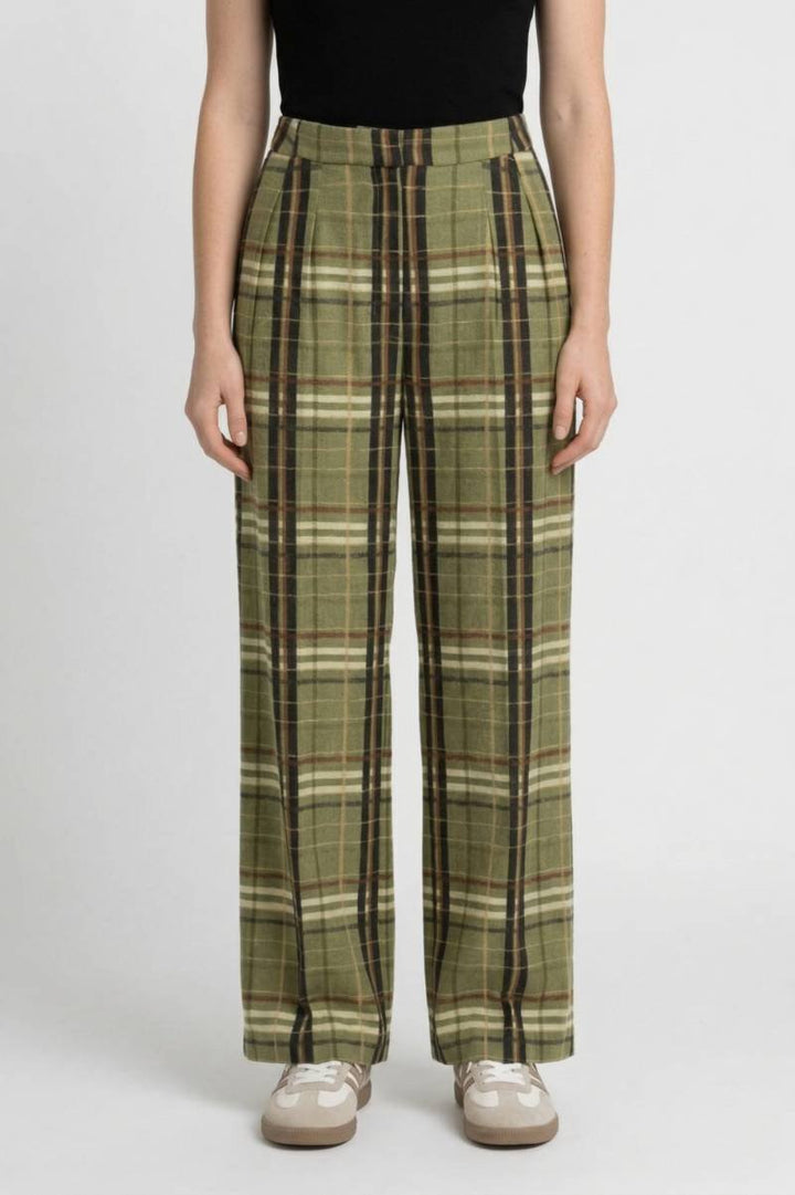 Wide Leg Trousers Women - Plaid High Waist | Relaxed Casual — Plaid Olive