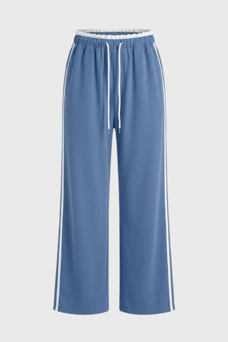 Wide Leg Trousers Women - Sporty Striped Side Detail | Casual — Light Blue