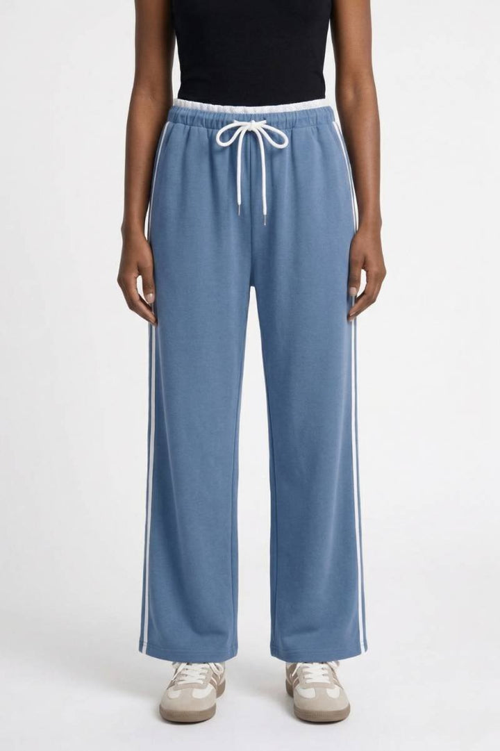 Wide Leg Trousers Women - Sporty Striped Side Detail | Casual — Light Blue