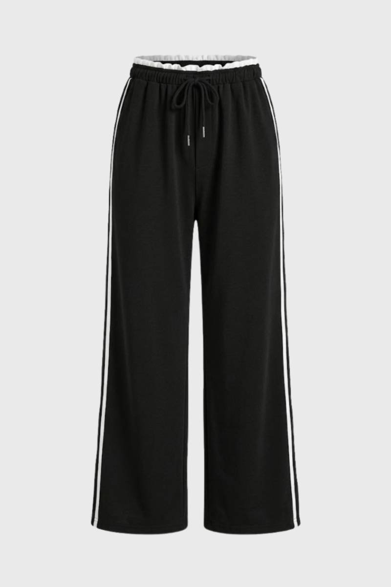 Wide Leg Trousers Women - Sporty Striped Side Detail | Casual — Black
