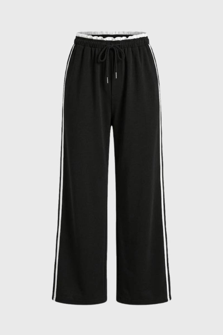 Wide Leg Trousers Women - Sporty Striped Side Detail | Casual — Black
