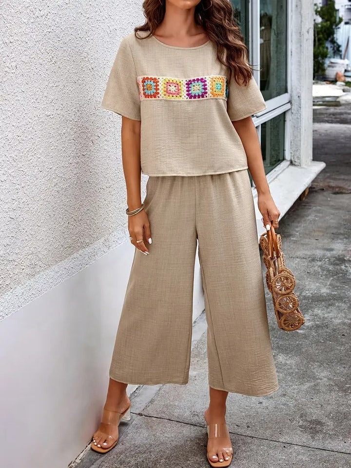 Women's Co-ord Set - Crochet Patch Top and Wide Leg Trousers | Summer