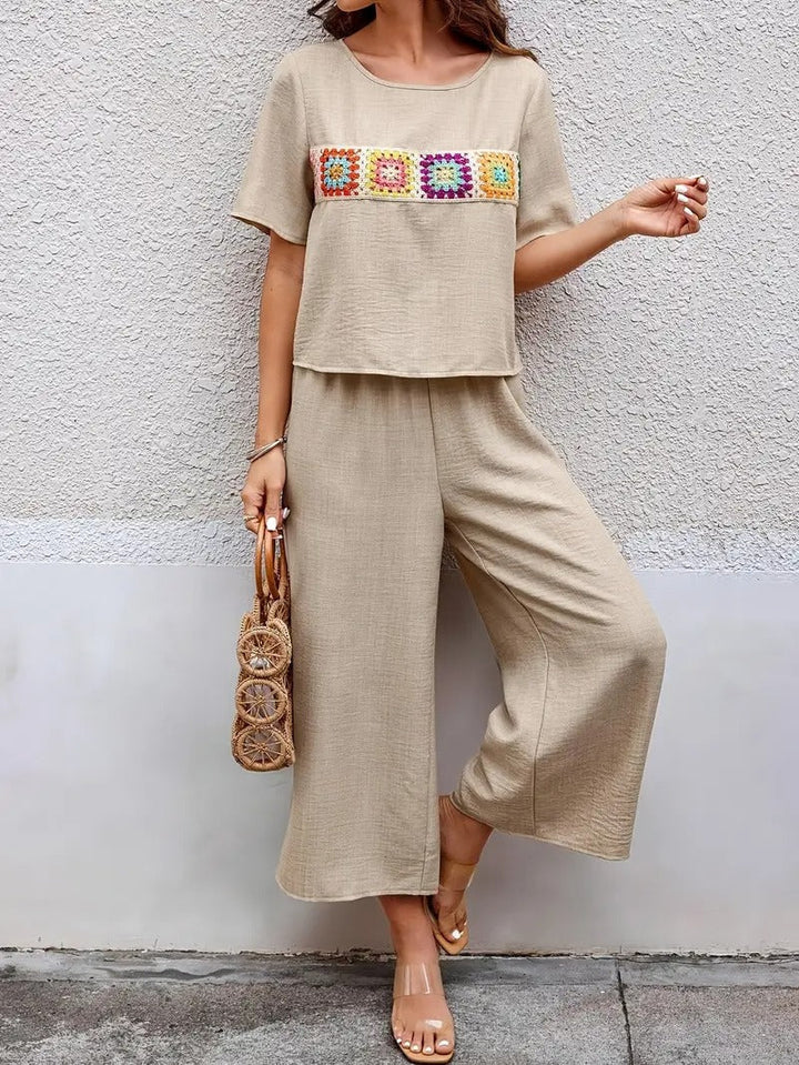 Women's Co-ord Set - Crochet Patch Top and Wide Leg Trousers | Summer