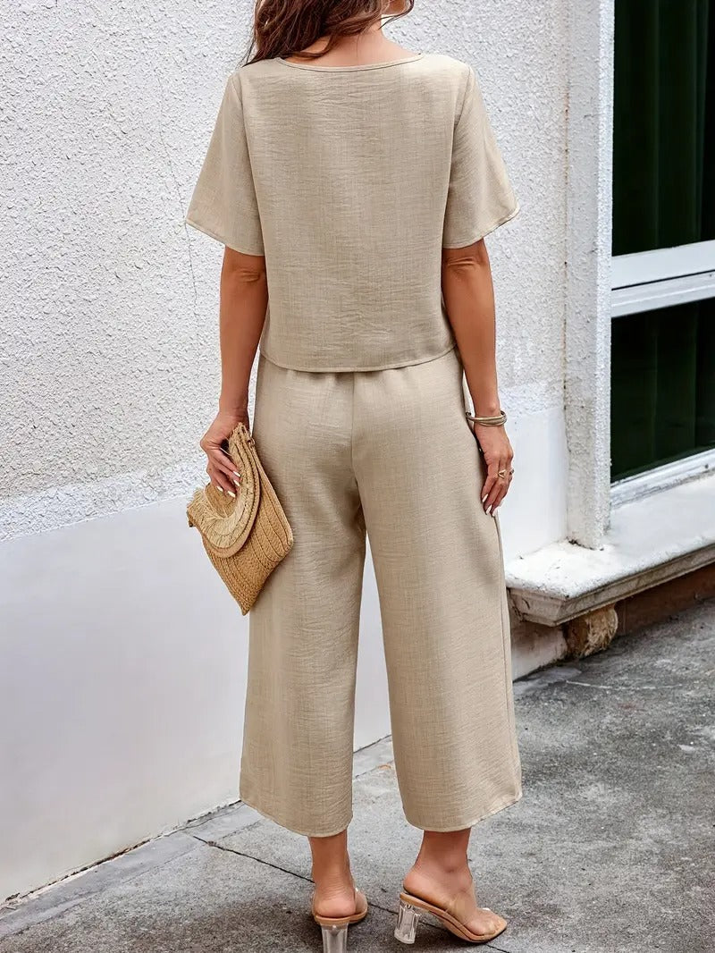 Women's Co-ord Set - Crochet Patch Top and Wide Leg Trousers | Summer