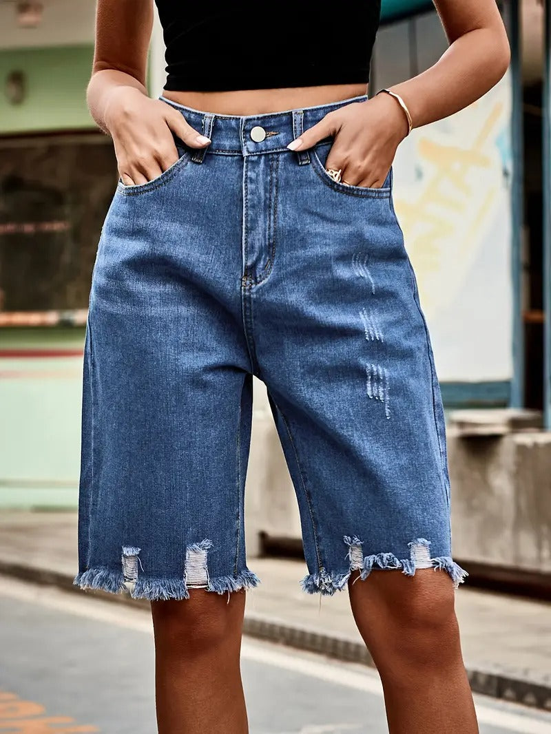 Women's Shorts - High Waist Bermuda Distressed Raw Hem | Summer