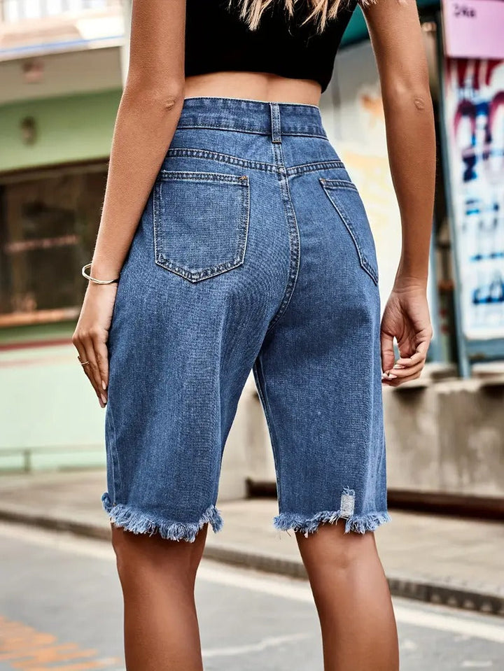 Women's Shorts - High Waist Bermuda Distressed Raw Hem | Summer