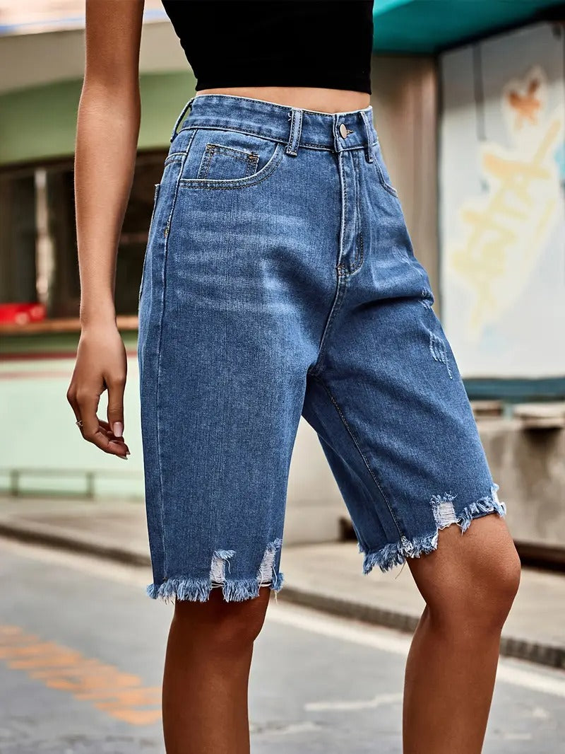 Women's Shorts - High Waist Bermuda Distressed Raw Hem | Summer