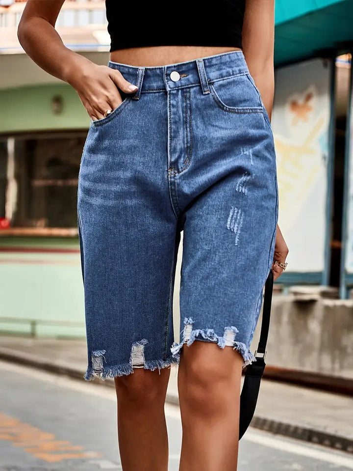 Women's Shorts - High Waist Bermuda Distressed Raw Hem | Summer