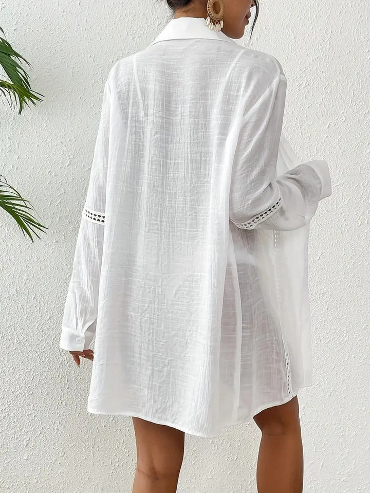 Women's Shirt - Longline Beach Cover Up Crochet Trim Detail | Summer