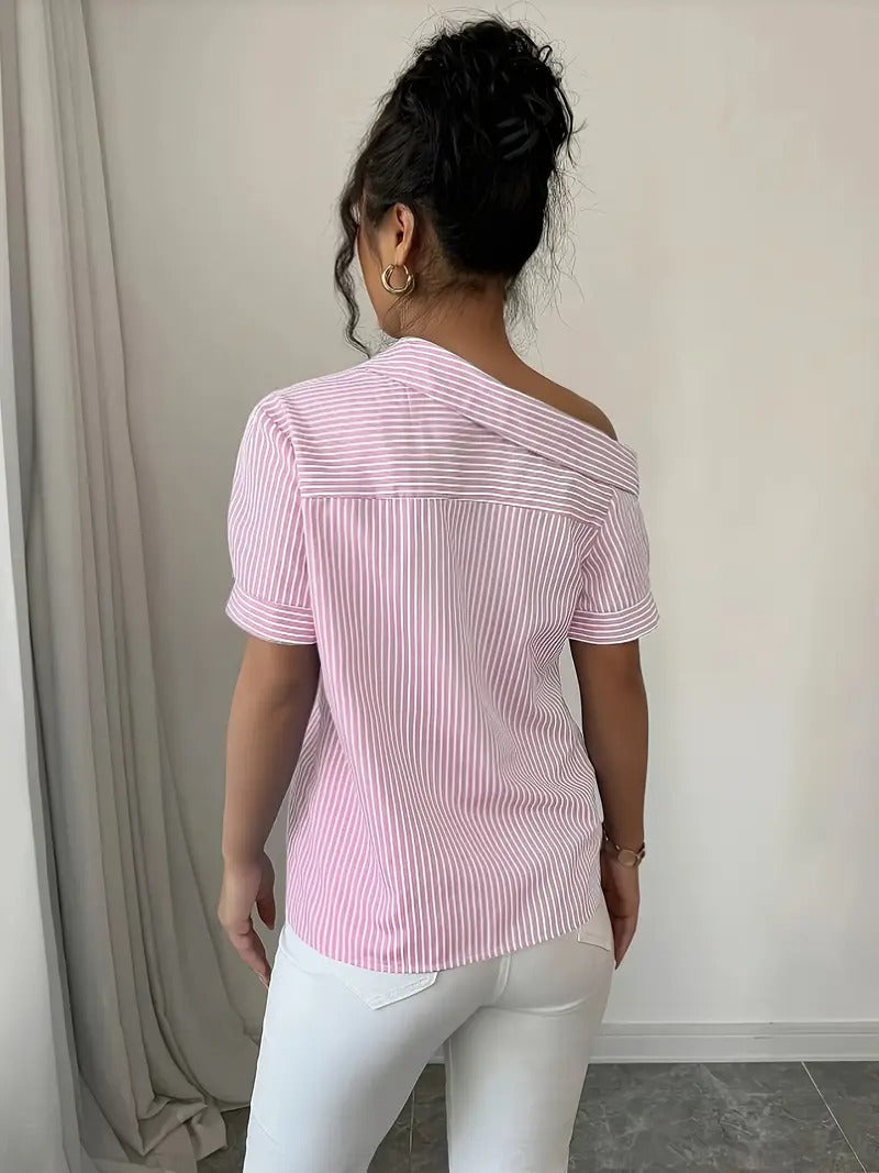 Women's Shirt - Off Shoulder Stripe Print Short Sleeve Button Front | Casual