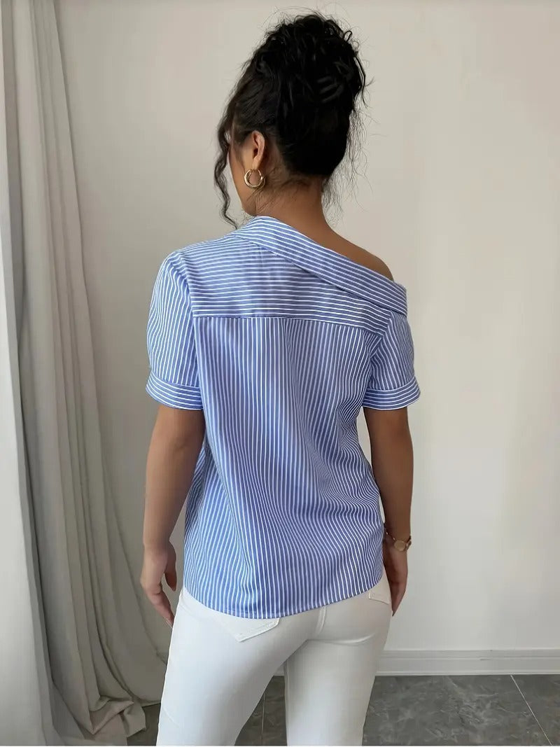 Women's Shirt - Off Shoulder Stripe Print Short Sleeve Button Front | Casual