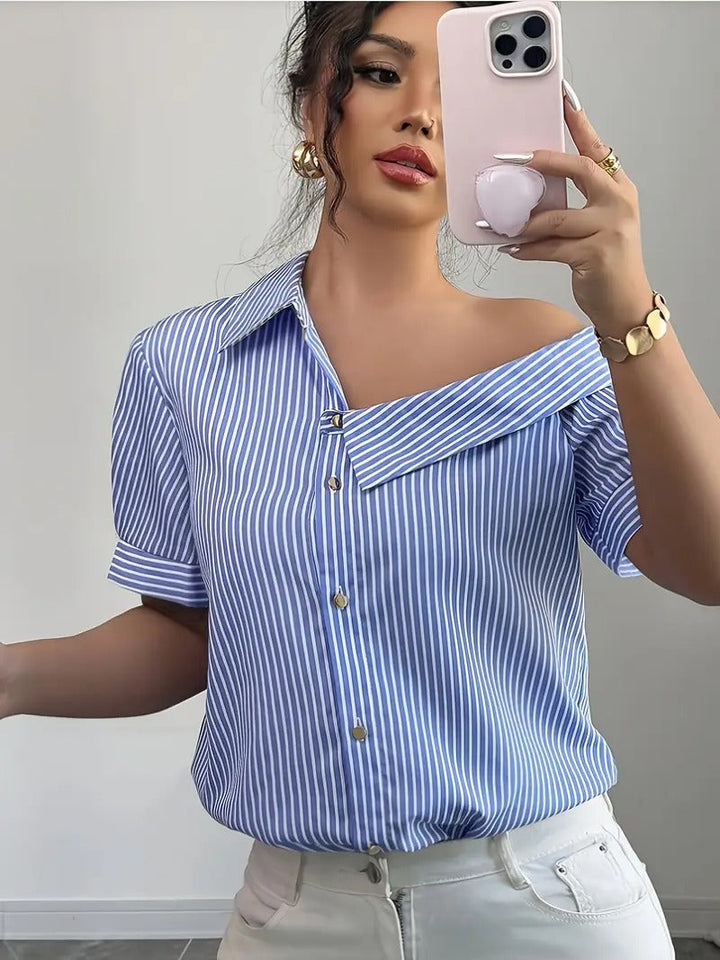 Women's Shirt - Off Shoulder Stripe Print Short Sleeve Button Front | Casual