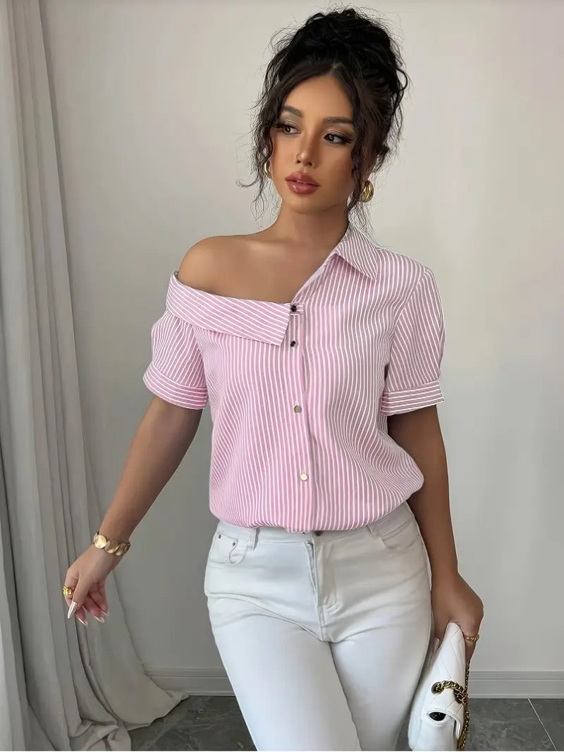 Women's Shirt - Off Shoulder Stripe Print Short Sleeve Button Front | Casual
